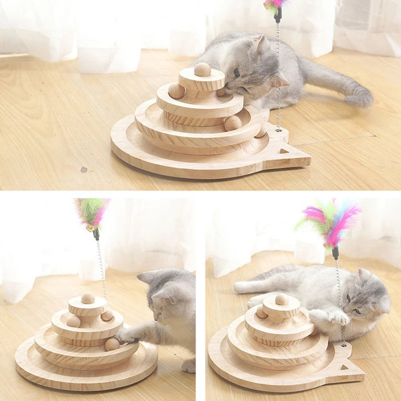 Wooden 2/3 Levels Pet cat Toy Tower Tracks Disc cat Intelligence Amusement Triple Play Disc Cat toys ball Training Toys - Lumoraa