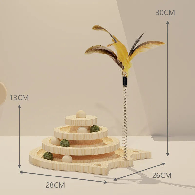 Wooden 2/3 Levels Pet cat Toy Tower Tracks Disc cat Intelligence Amusement Triple Play Disc Cat toys ball Training Toys - Lumoraa